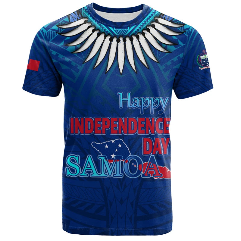 Happy Independence Day Samoa Map T - Shirt - Polynesian Patterns Blue Samoa Shirt