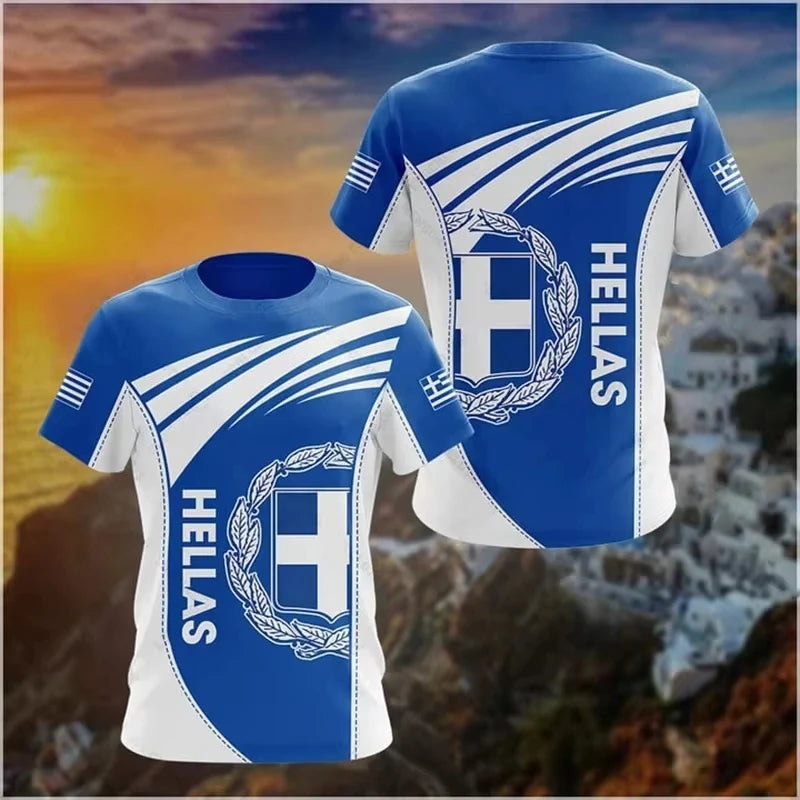 Greece Coat Of Arms T Shirt Curve Style Hellas National Emblem Blue Shirt