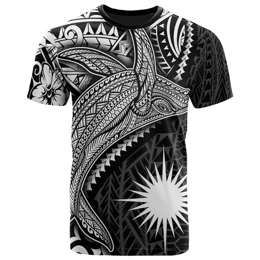 Marshall Islands T Shirt Polynesian Tribal Hammershark Pattern Printed Black Shirt