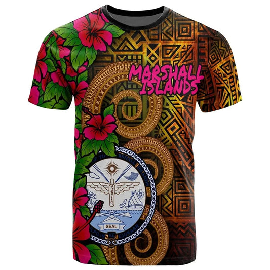 Marshall Islands Coat Of Arms T Shirt Polynesian Tribal Flowers Pattern Printed Shirt