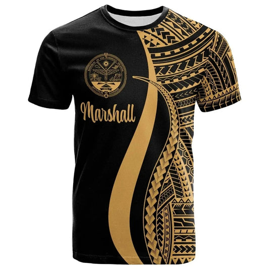 Marshall Islands T Shirt Polynesian Tribal Pattern Curved Style Printed Gold Shirt