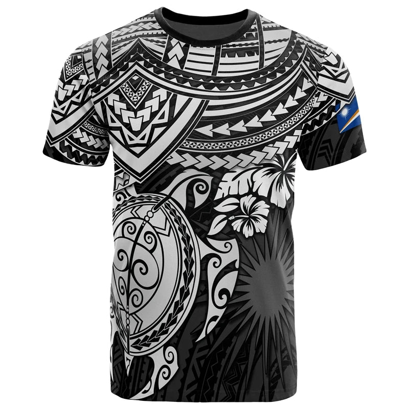 Marshall Islands Flag T Shirt Polynesian Tribal Pattern Printed Black Shirt