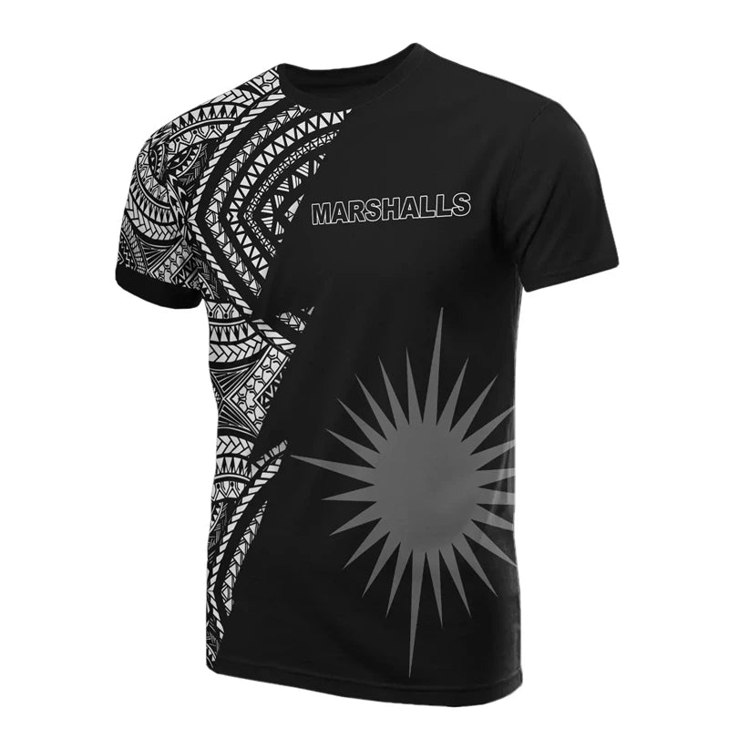 Marshall Islands T Shirt Polynesian Tribal Pattern Printed Lighting Style Black Shirt