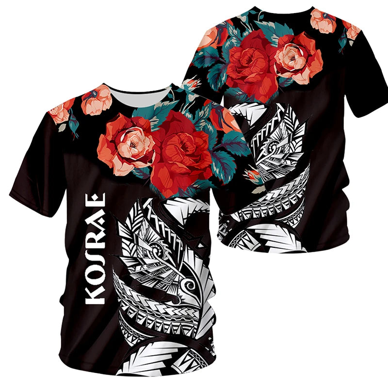 Polynesian Kosrae T Shirt Flowers Patterns Tropical Black Printed Shirt