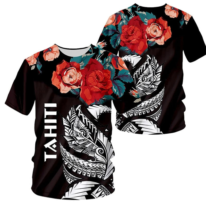 Polynesian Tahiti T Shirt Flowers Patterns Tropical Black Printed Shirt
