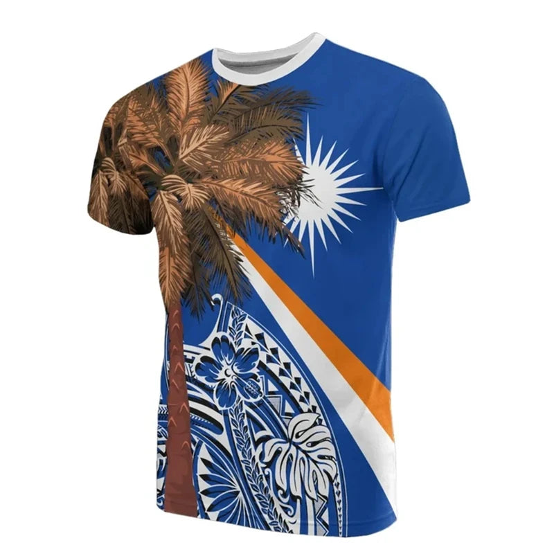 Marshall Islands T - Shirt - Marshall Islands Tropical Flowers Pattern Blue Printed Shirt