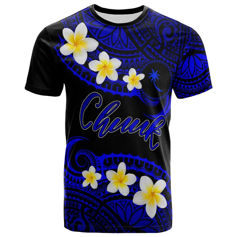 Chuuk Micronesia T Shirt Polynesian Tribal Pattern Plumeria Flowers Island Tropical Printed Blue Shirt