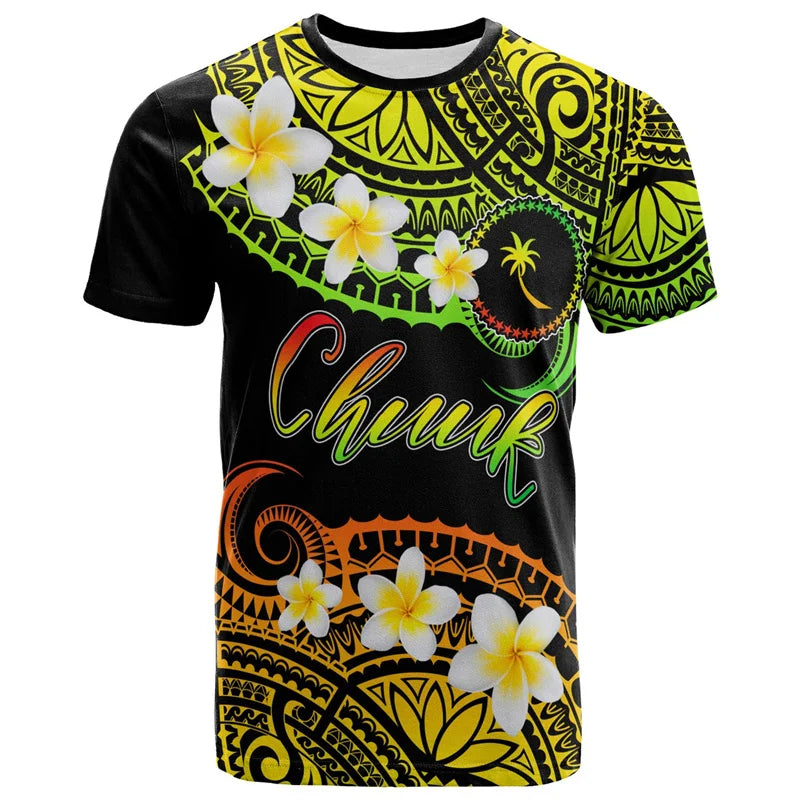 Chuuk Micronesia T Shirt Polynesian Tribal Pattern Plumeria Flowers Island Tropical Printed Reggae Shirt