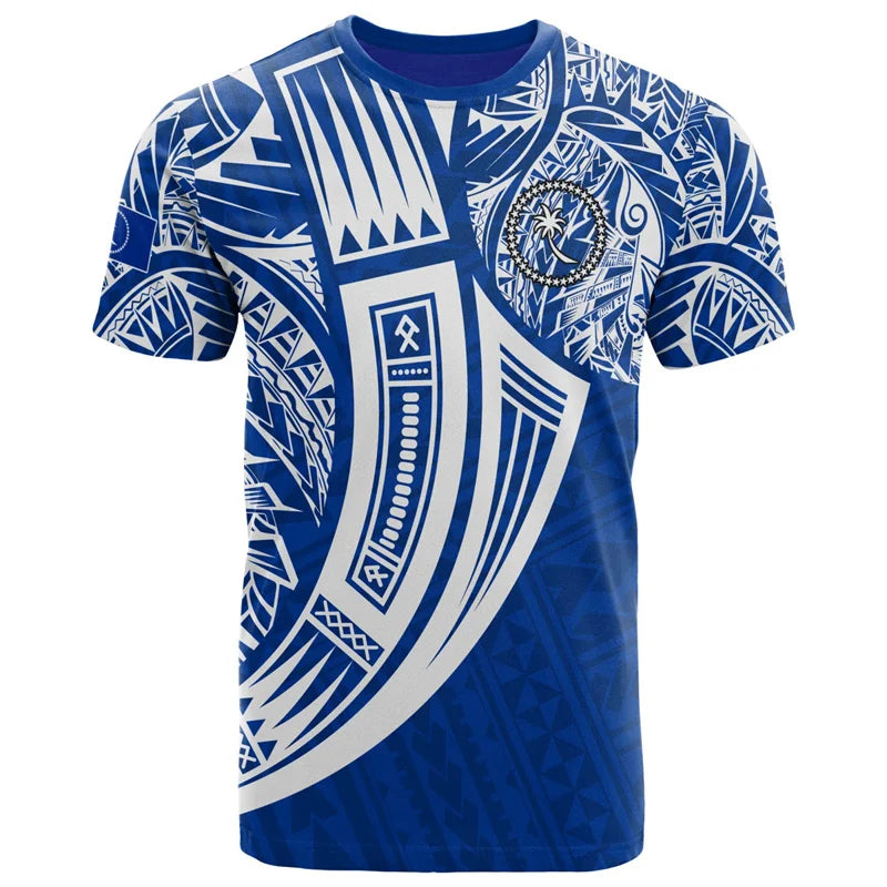 Chuuk Micronesia T Shirt Polynesian Tribal Pattern Tropical Printed Blue Shirt