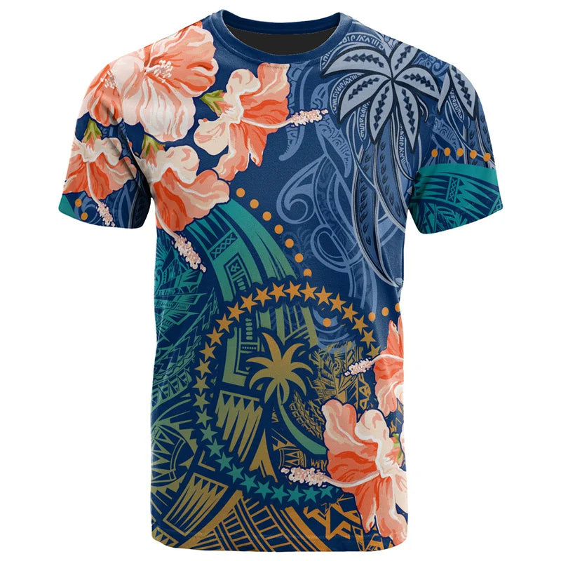 Chuuk Micronesia T Shirt Polynesian Tribal Hibiscus Flowers Pattern Tropical Printed Shirt