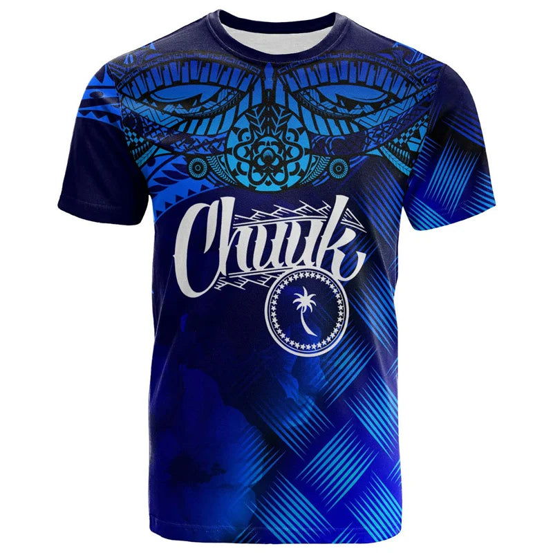 Chuuk Micronesia T Shirt Polynesian Tribal Pattern Island Tropical Printed Blue Shirt