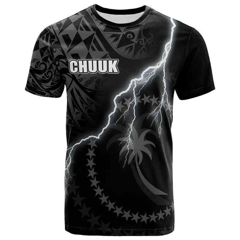 Chuuk Micronesia T Shirt Polynesian Tribal Pattern Tropical Lightning Style Printed Black Shirt