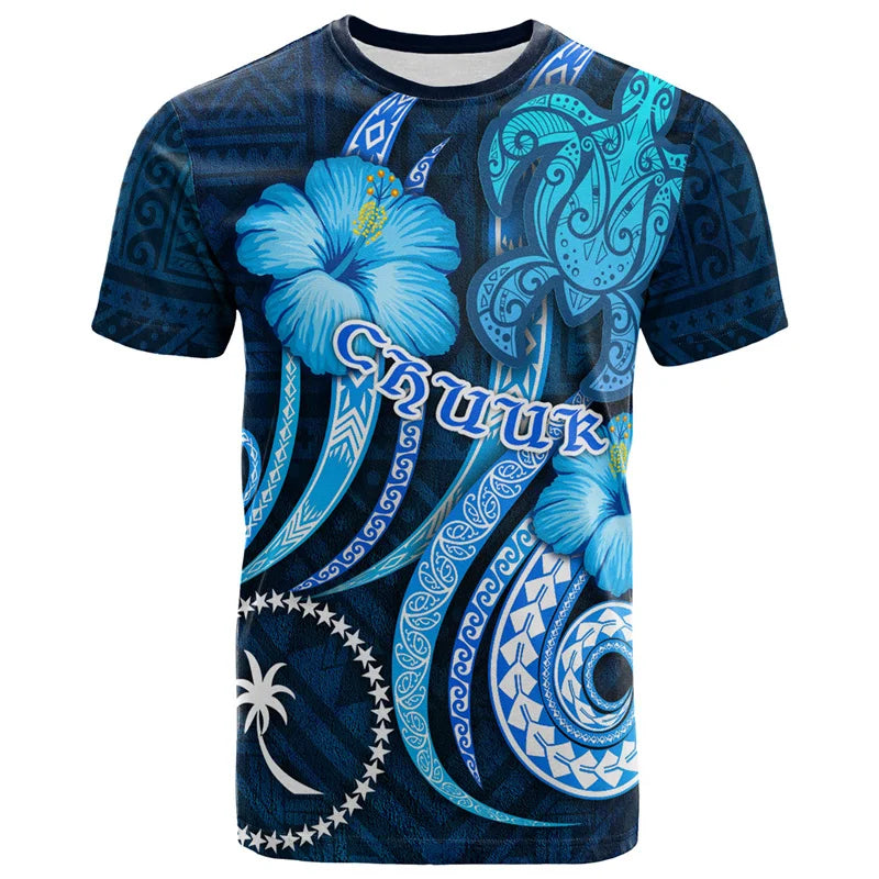 Chuuk Micronesia T Shirt Polynesian Tribal Sea Turtle Flowers Pattern Tropical Printed Blue Shirt