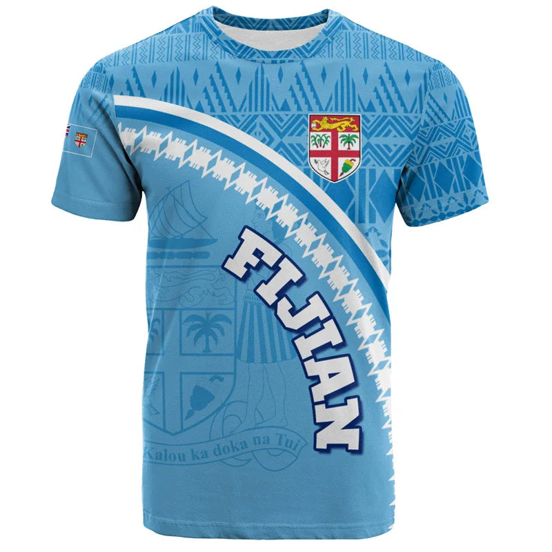 Fiji Coat Of Arms Shirt Fiji Polynesian Tribal Pattern Blue T Shirt Curve Style