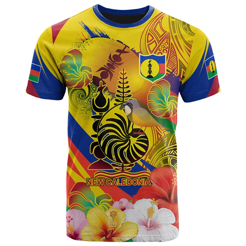 New Caledonia T Shirt New Caledonian Pride Polynesian Tribal Flowers Patterns Tropical Shirt