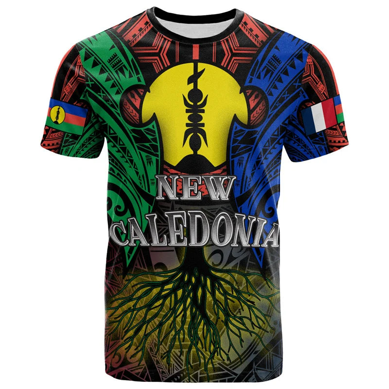 New Caledonia T Shirt New Caledonia Flag Polynesian Tribal Tree Patterns Tropical Printed Shirt