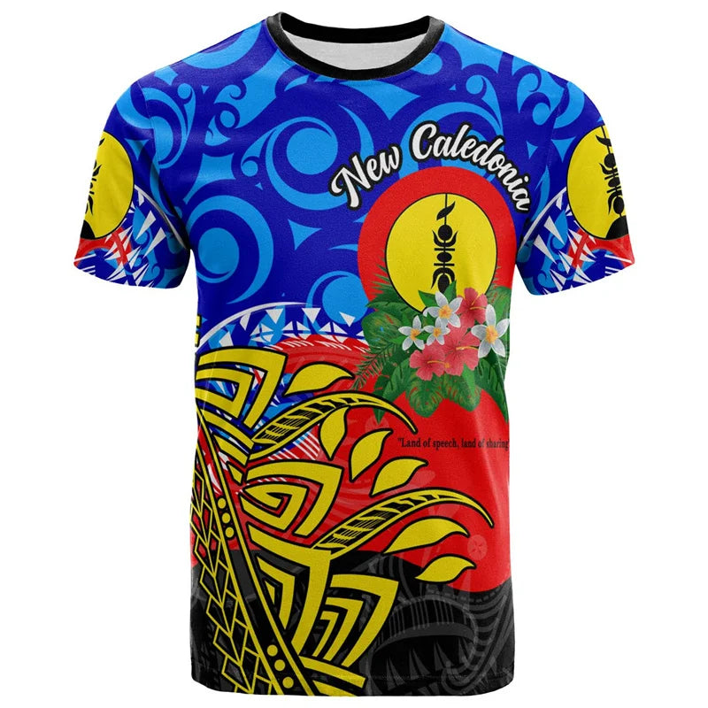 New Caledonia Polynesian T Shirt New Caledonia Flag Polynesian Tribal Flowers Patterns Tropical Printed Shirt