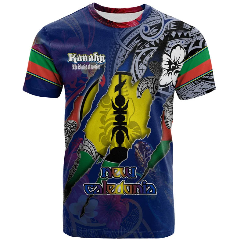 New Caledonia Polynesian T Shirt New Caledonia Flag Polynesian Flowers Patterns Island Tropical Shirt