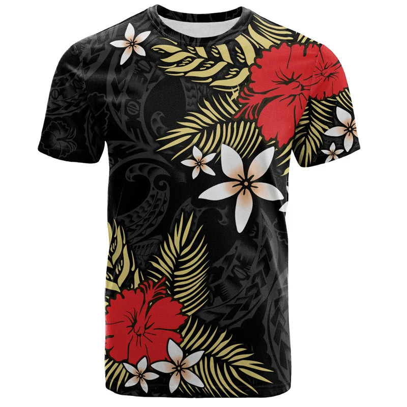 Hibiscus Hawaii T-Shirt Polynesian Tribal Pattern Printed Black Shirt