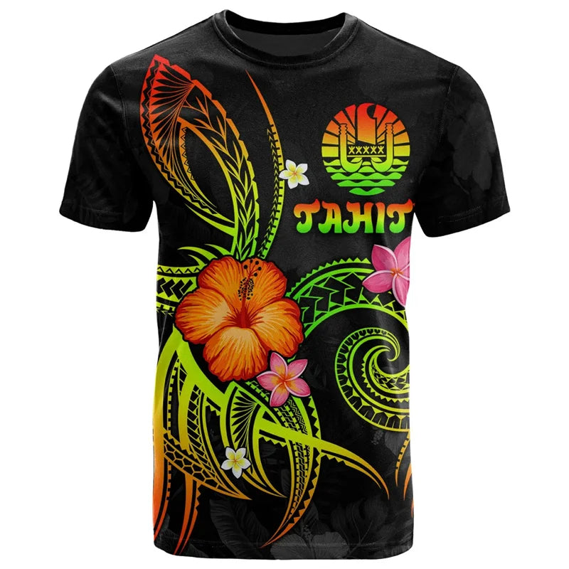 Tahiti 3D Printed T Shirt Polynesian Tribal Pattern Hibiscus Flowers Tropical Black Shirt