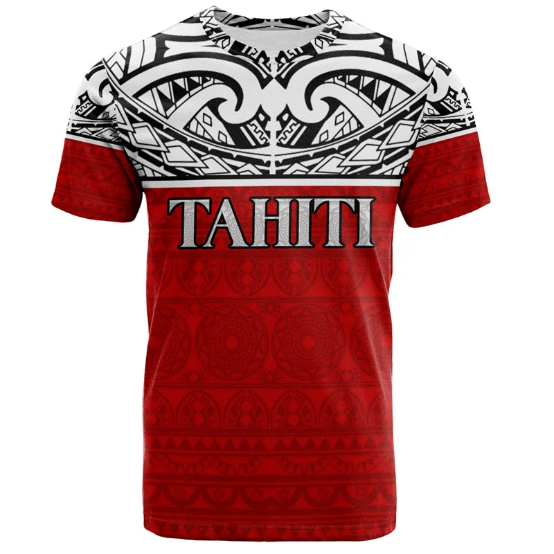 Vintage Tahiti Printed T Shirt Polynesian Tribal Pattern Tropical Red Shirt