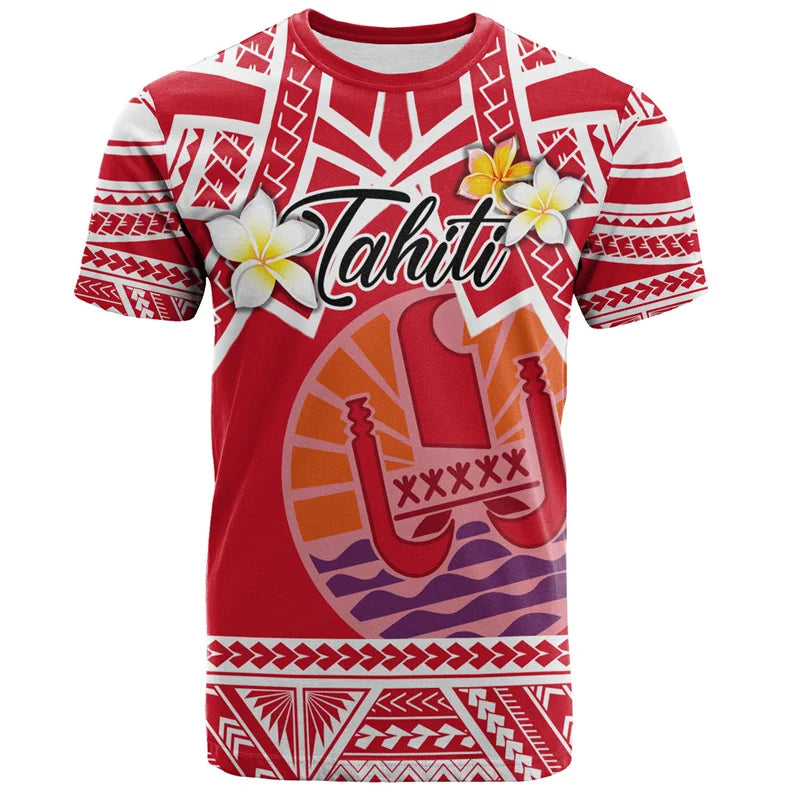 Tahiti Printed T Shirt Polynesian Tribal Pattern Plumeria Flowers Tropical Shirt