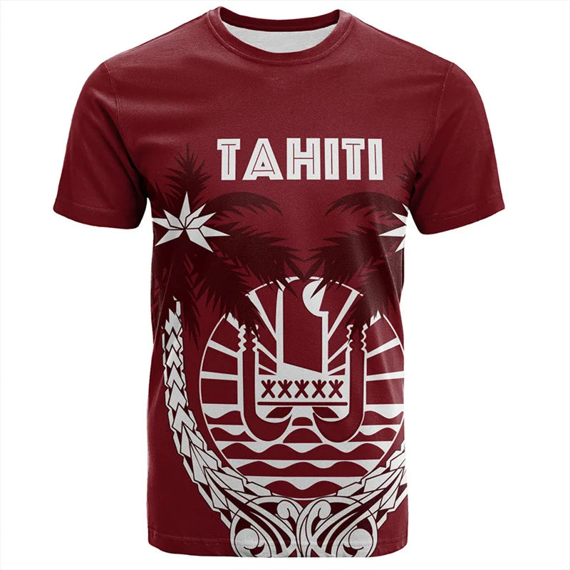 Tahiti Coat Of Arms T Shirt Polynesian Tribal Pattern Tropical Tree Printed Shirt