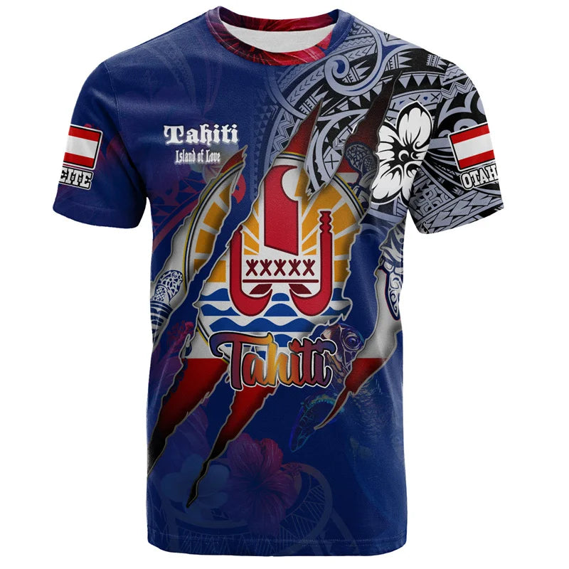Tahiti Coat Of Arms T Shirt Polynesian Tribal Flowers Pattern Tropical Printed Shirt