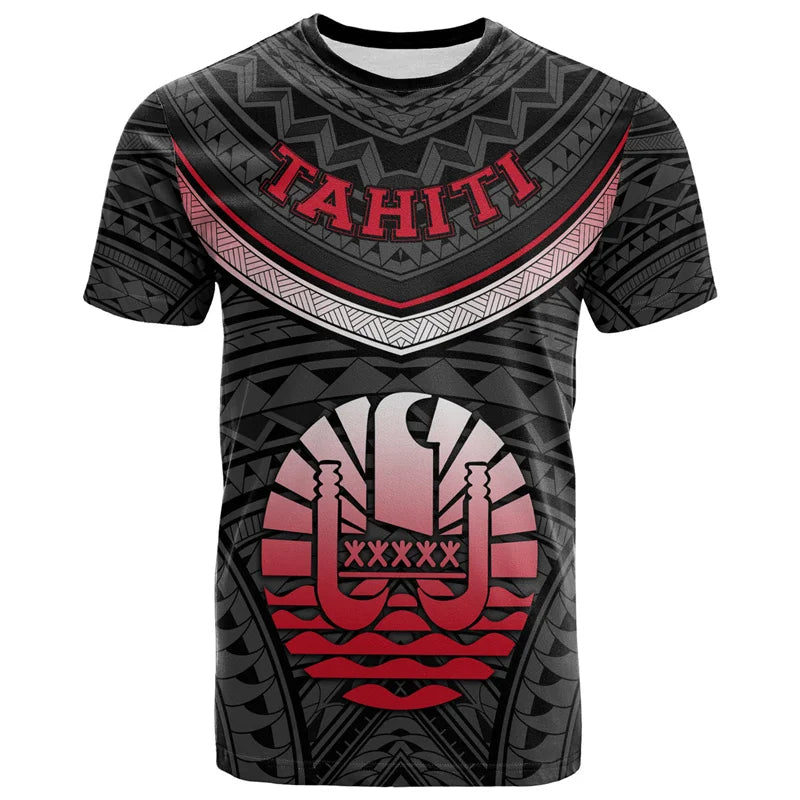Tahiti Coat Of Arms T Shirt Polynesian Tribal Pattern Tropical Printed Black Shirt