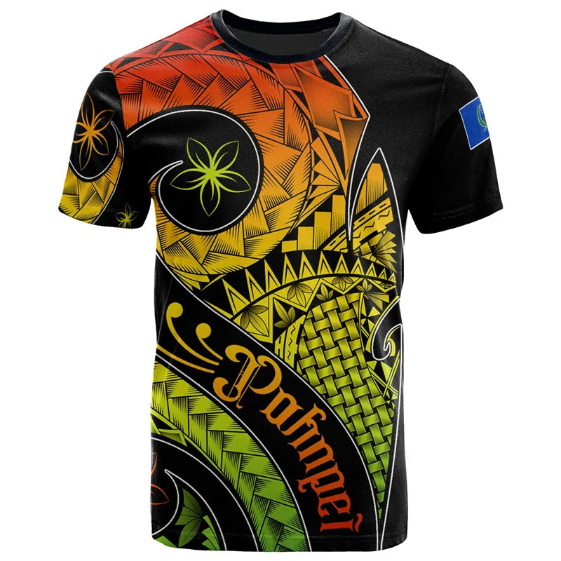 3D Pohnpei Black T Shirt Polynesian Flowers Culture Tribal Island Tattoo Pattern Curve Style Reggae Shirt