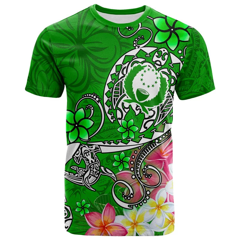 3D Pohnpei Sea Turtle T Shirt Polynesian Plumeria Flowers Culture Tribal Island Tattoo Pattern Green Shirt