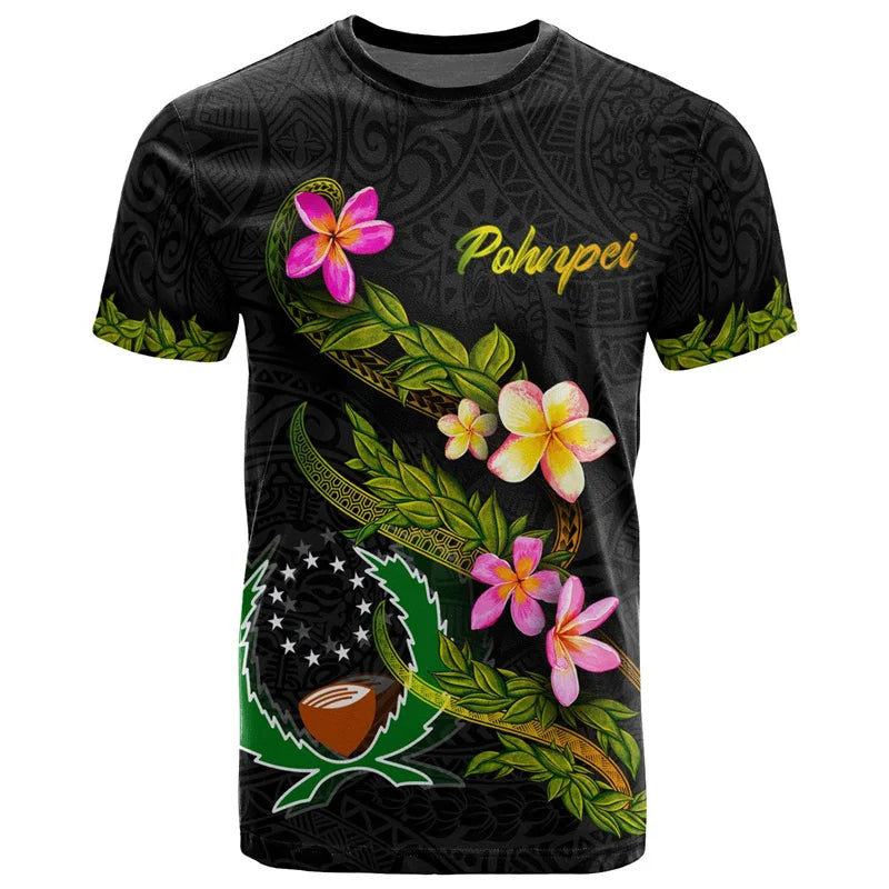 3D Pohnpei Black T Shirt Polynesian Flowers Culture Tribal Island Tattoo Pattern Shirt