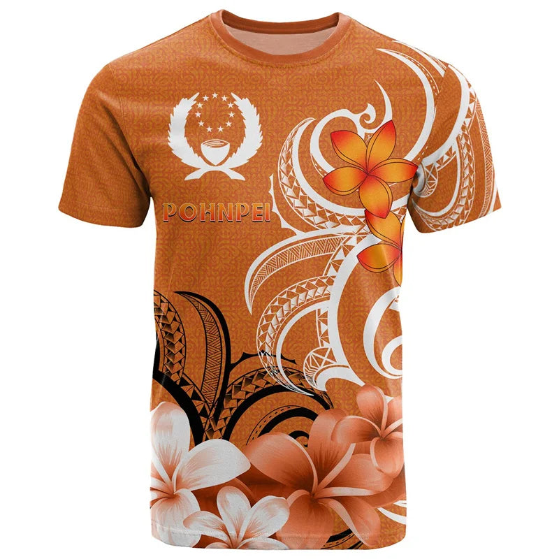 3D Pohnpei T Shirt Polynesian Culture Tribal Island Tattoo Plumeria Flowers Orange Shirt