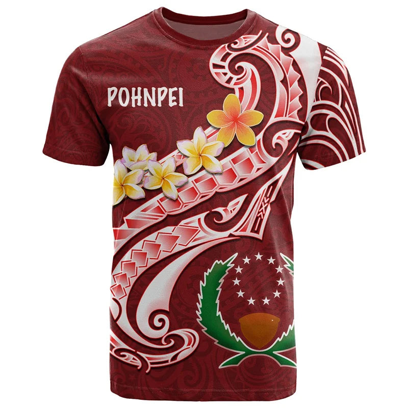 3D Pohnpei T Shirt Polynesian Culture Tribal Island Tattoo Plumeria Flowers Red Shirt