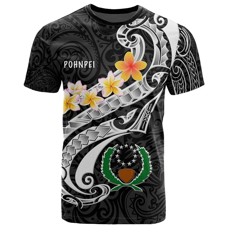 3D Pohnpei T Shirt Polynesian Culture Tribal Island Tattoo Plumeria Flowers Pattern Curve Shirt