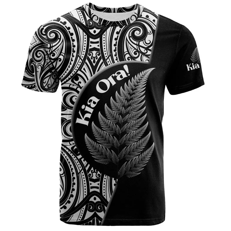 New Zealand Flag T Shirt Fern Kia Ora Polynesian Tribal Pattern Printed Shirt