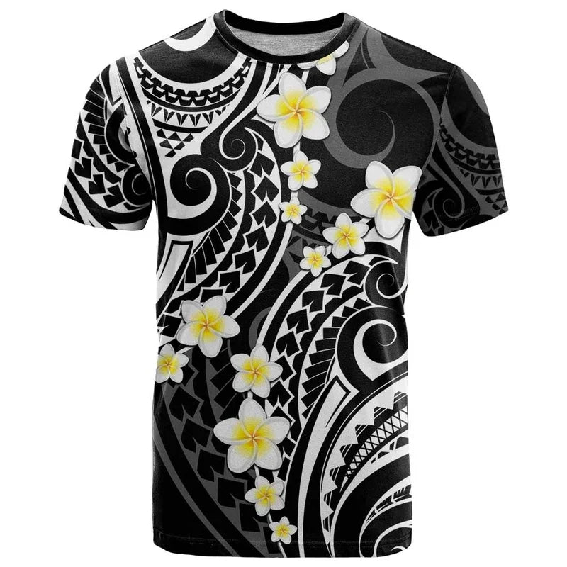 Plumeria Polynesian Triabl T - Shirt Island Flowers Polynesian Tropical Black Shirt