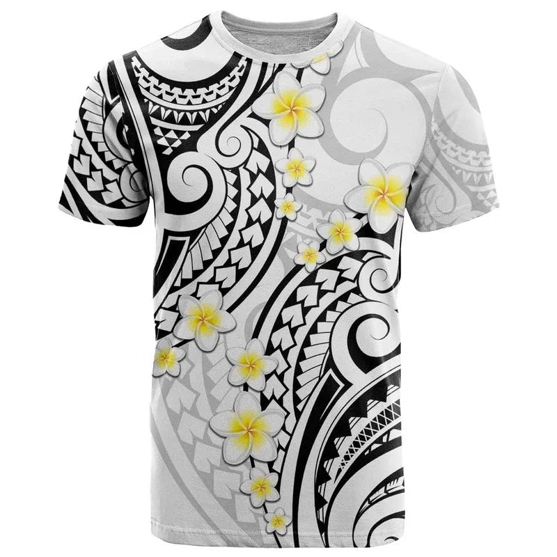 Plumeria Polynesian Tribal T - Shirt Island Flowers Polynesian Tropical White Shirt