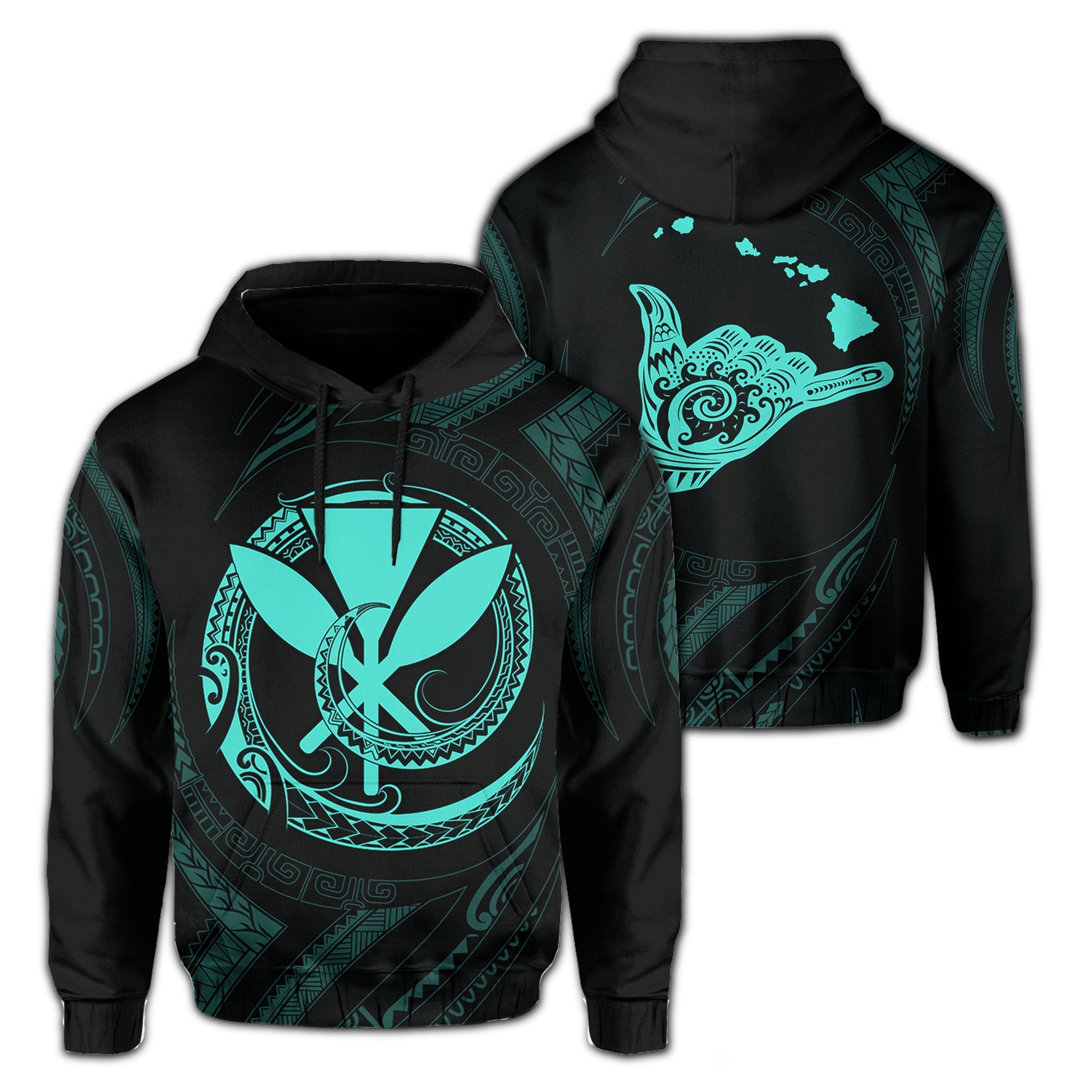 Polynesian Kanaka Shaka Map Of Hawaii Hoodie Turquoise
