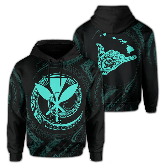 Polynesian Kanaka Shaka Map Of Hawaii Hoodie Turquoise