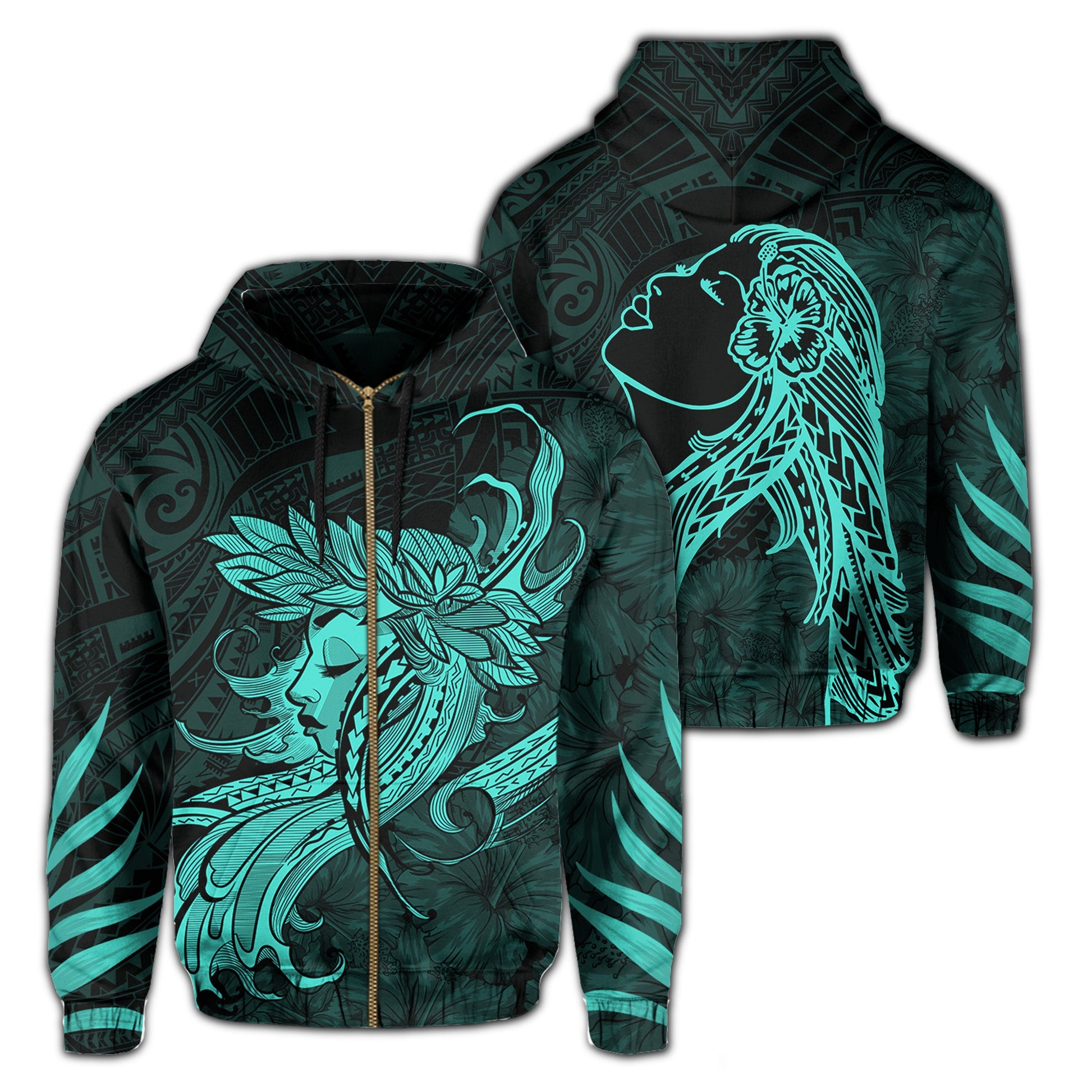 Polynesian Tropic Hula Girl Hibiscus Hawaii Zip Hoodie Turquoise