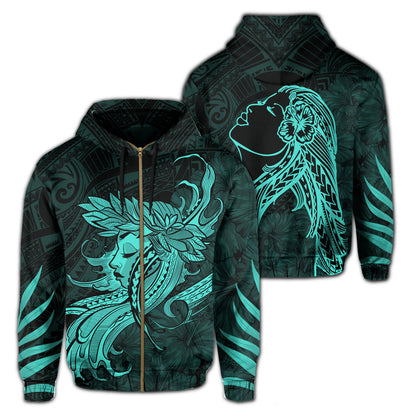 Polynesian Tropic Hula Girl Hibiscus Hawaii Zip Hoodie Turquoise
