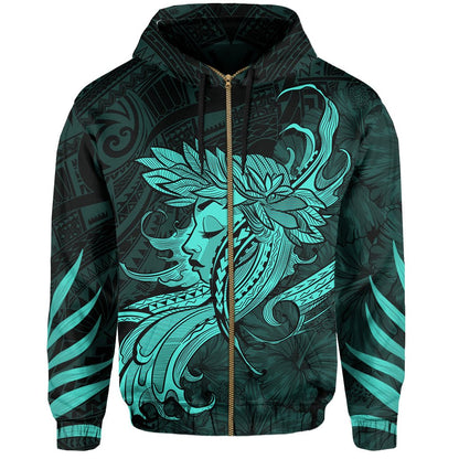 Polynesian Tropic Hula Girl Hibiscus Hawaii Zip Hoodie Turquoise