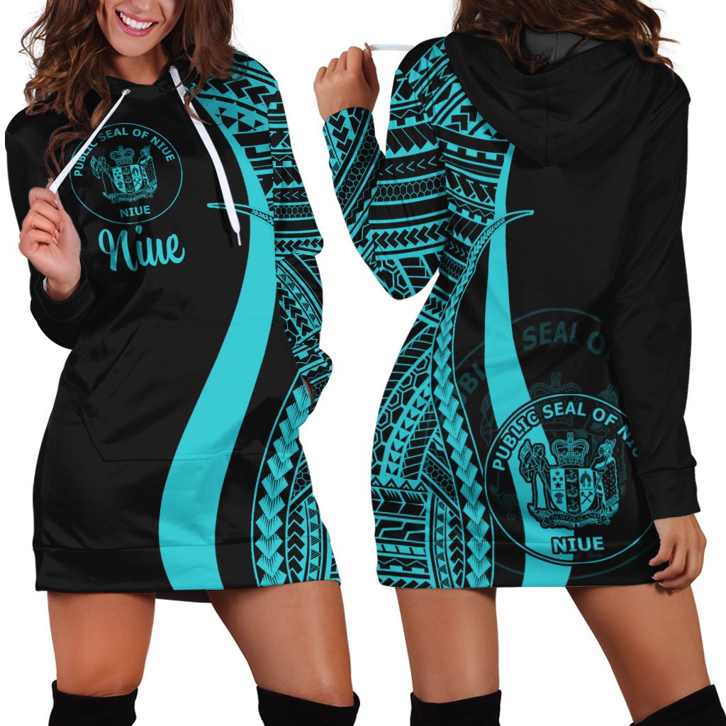 Niue Women's Hoodie Dress Turquoise Polynesian Tentacle Tribal Pattern