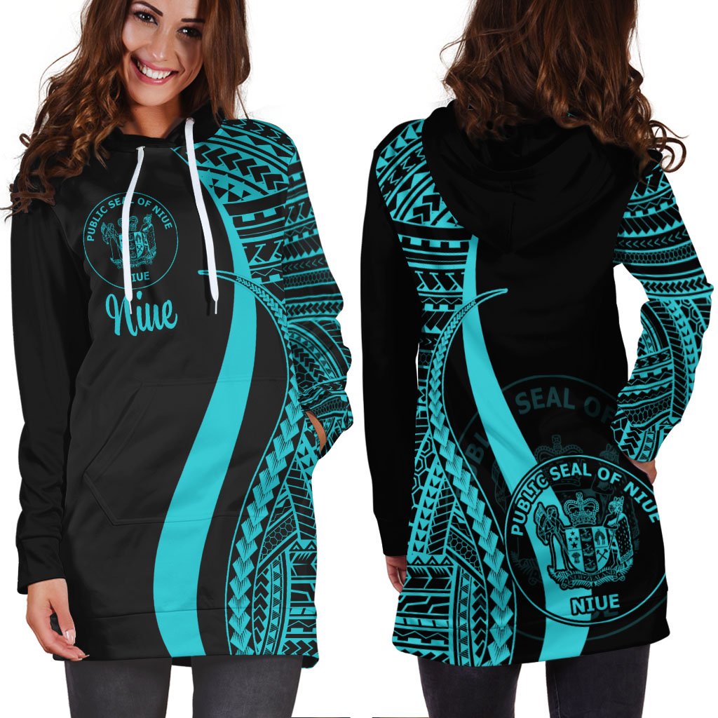 Niue Women's Hoodie Dress Turquoise Polynesian Tentacle Tribal Pattern