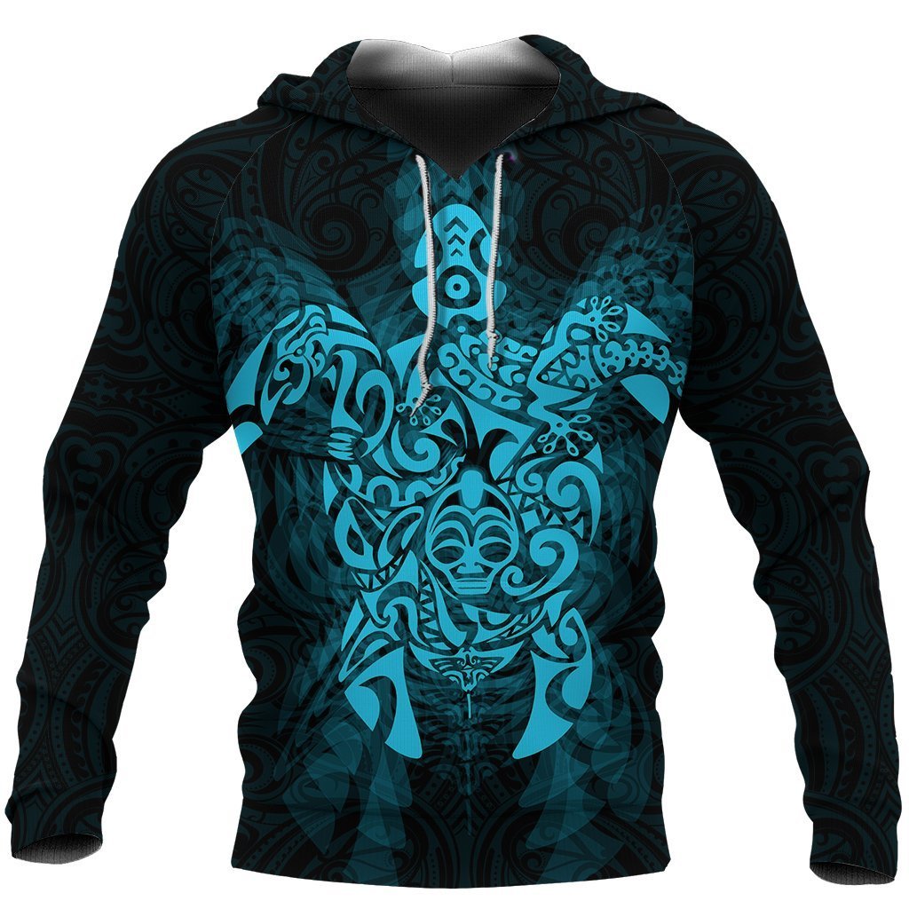 New Zealand Maori Hoodie, Wairua Tattoo Turtle Pullover Hoodie Blue