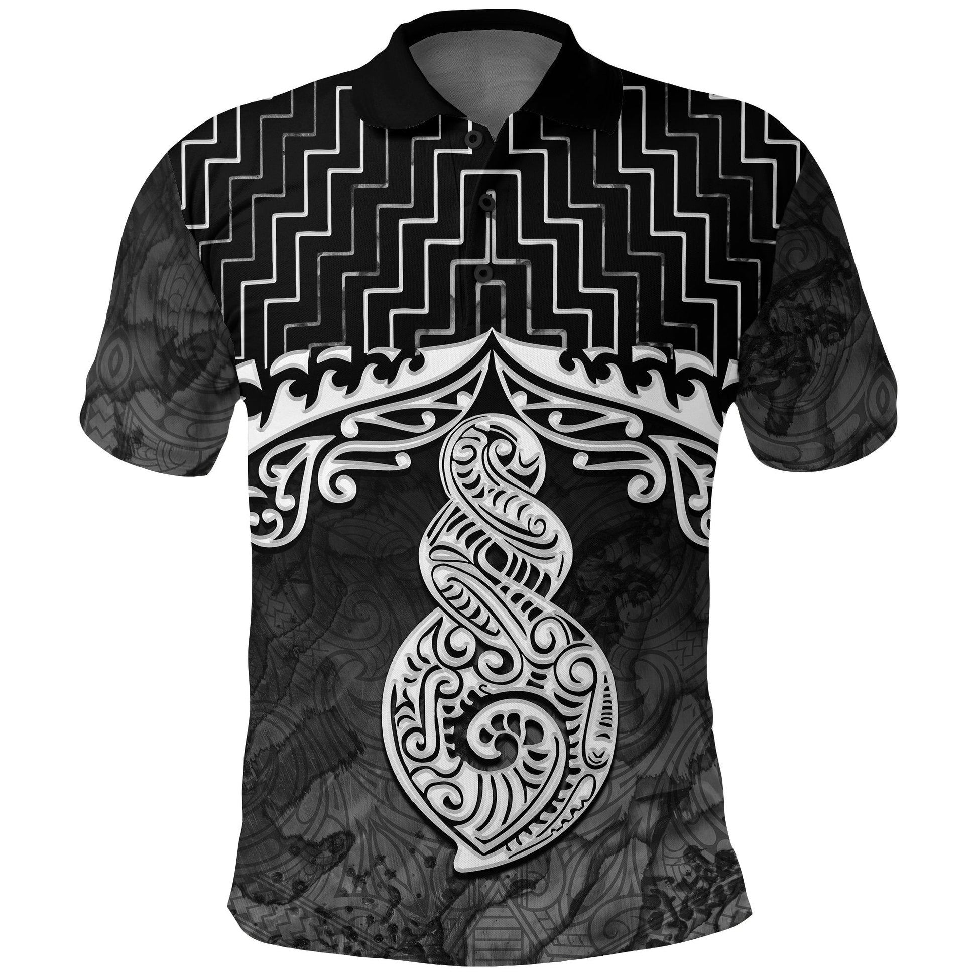 New Zealand Maori Polo Shirt, Poutama Maori Twist Golf Shirt Black
