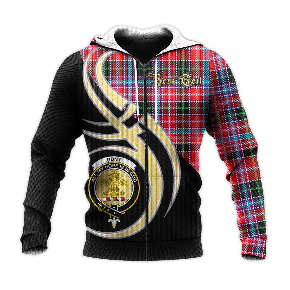 Printivon Udny Clan Believe In Me Crest Tartan Knitted Hoodie Custom Your Text