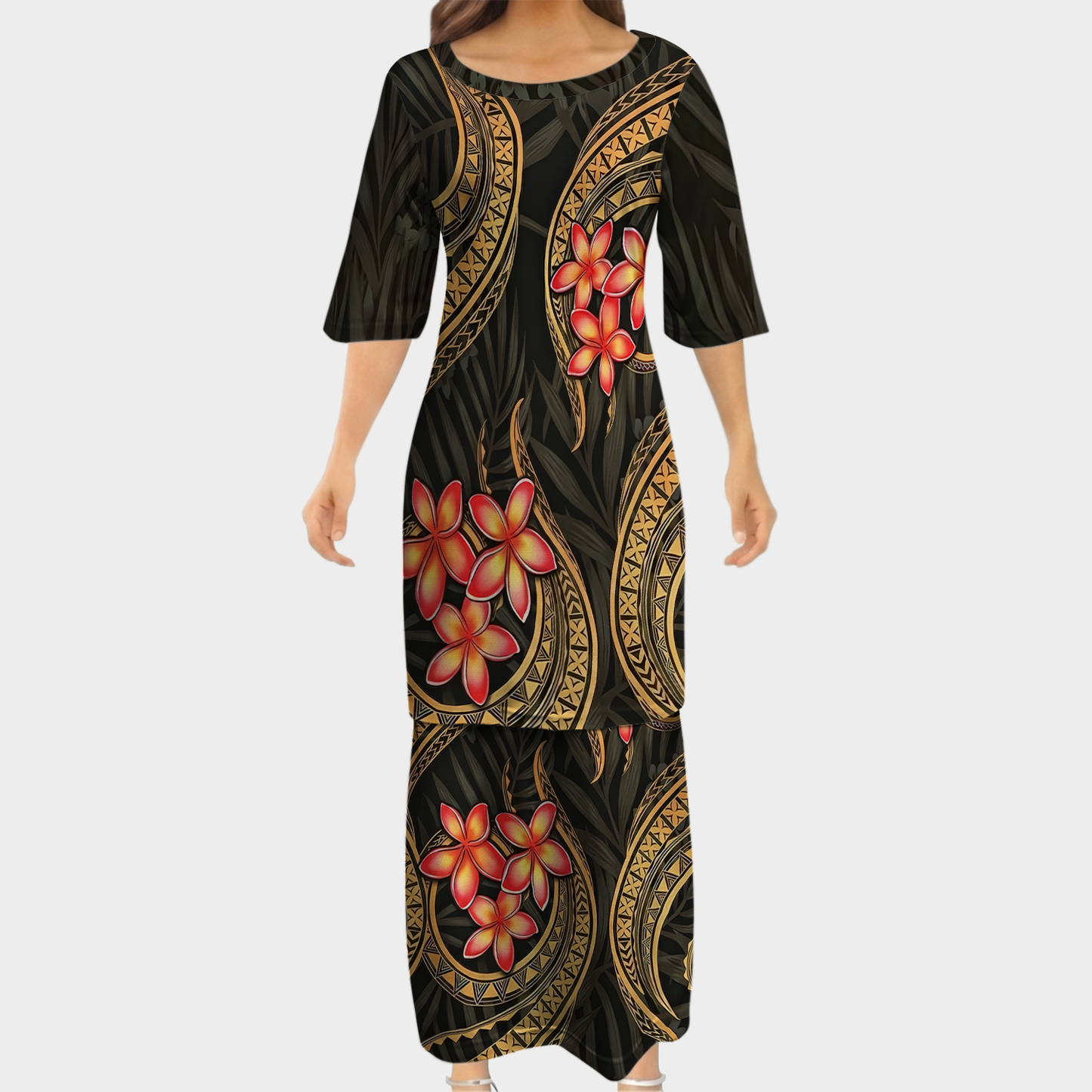 Plumeria Flowers Island Polynesian Tribal Pattern Matching Outfit For Couple Tropical Island Puletasi Dress Man Shirt For Her Him