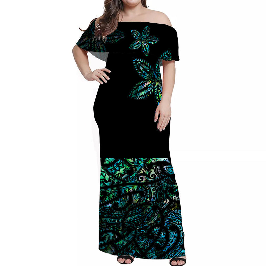 New Zealand Off Shoulder Long Dress Maori Paua Shell Ver.03